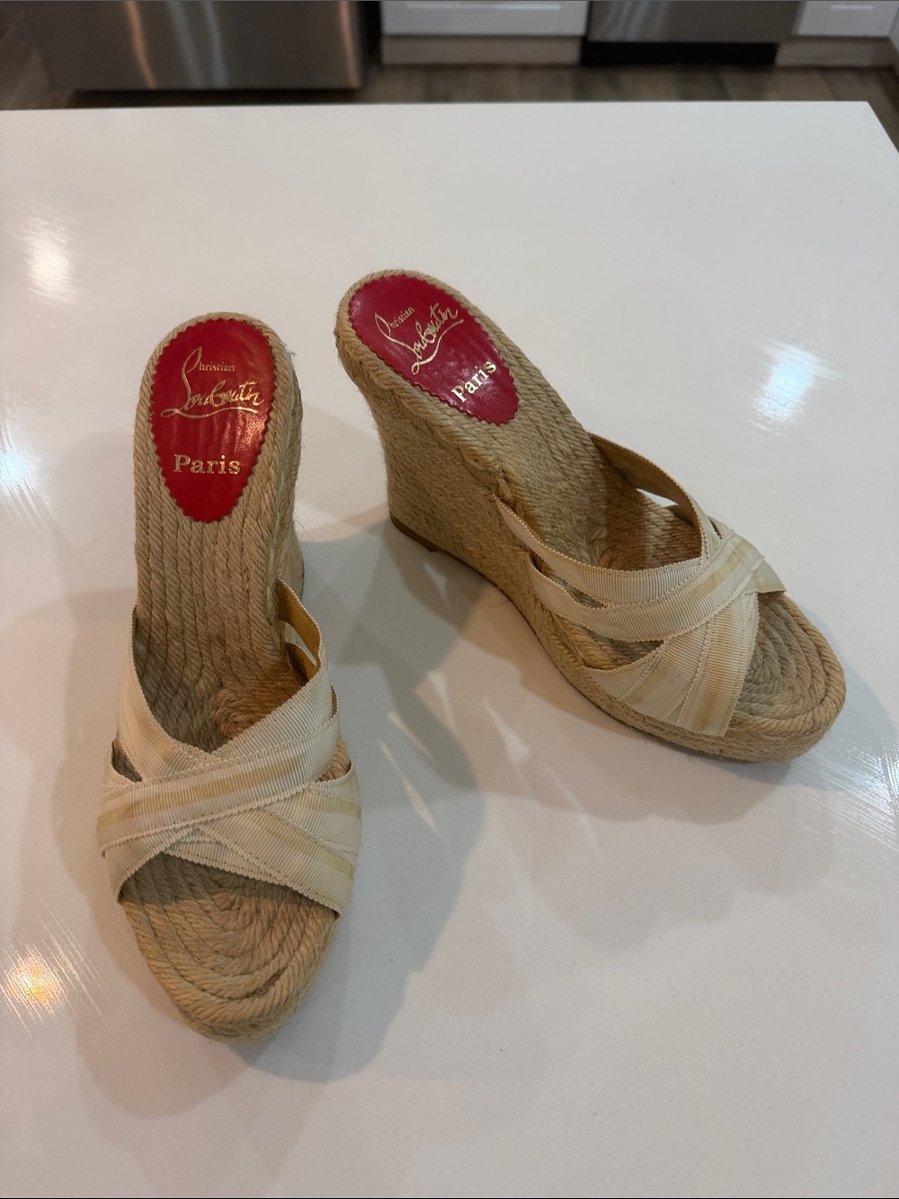Christian Louboutin Cream Espadrille 👠Wedge Sandals with Red Insole Vintage Y2K